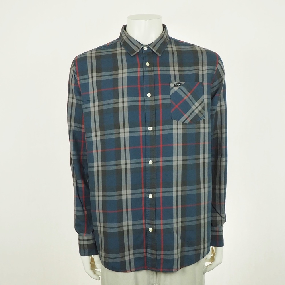 RVCA Waas Button Down Shirt Mens XL Blue Plaid Regular Fit Pocket Cotton Blend